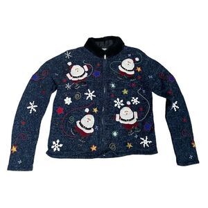 Designers Studio Zip Cardigan Sz S Blue Embroidered Beaded Christmas Sweater